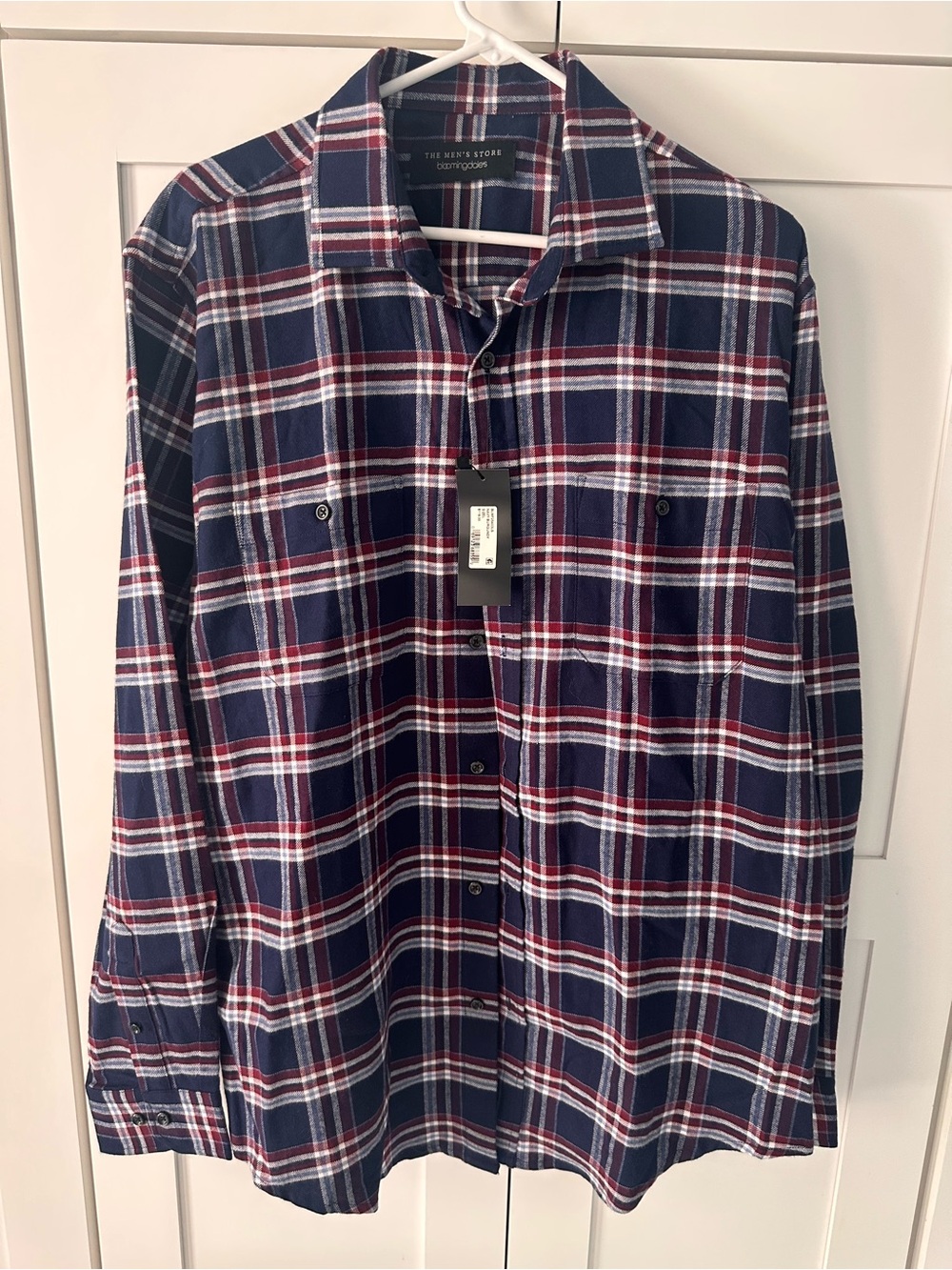 Bloomingdale's Navy, White & Burgundy Plaid Button-Down Flannel Shirt , L . New